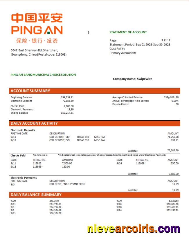 Ping An Bank firm checking account statement